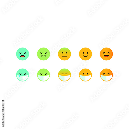 Set of emoticon smile icons including emoticons in protective masks against infection. Cartoon emoji set. Vector emoticon set. Five star, rating icon vector template. 