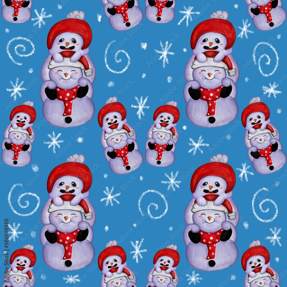 Seamless pattern watercolor illustration of a snowman sitting on the back of another snowman Christmas with hats and scarves cartoon stylish blue background print decor design  greeting cards