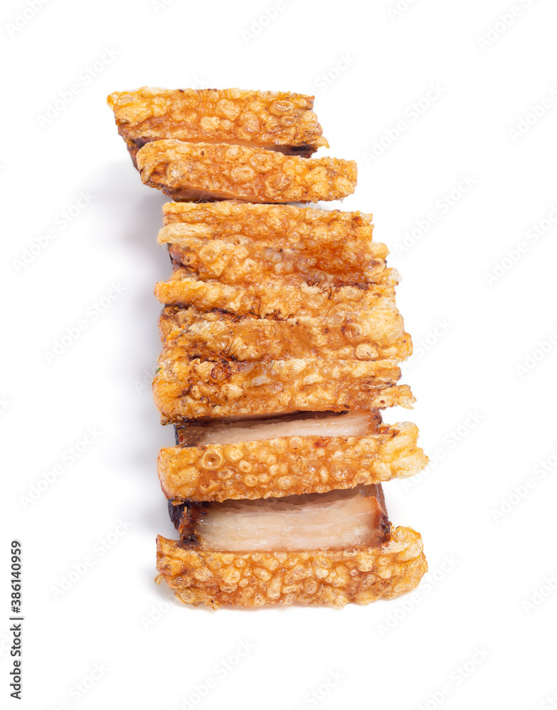Close up view of crispy pork belly or deep fried pork isolated on white background with clipping path Close up view of crispy pork belly or deep fried pork isolated on white background with clipping path