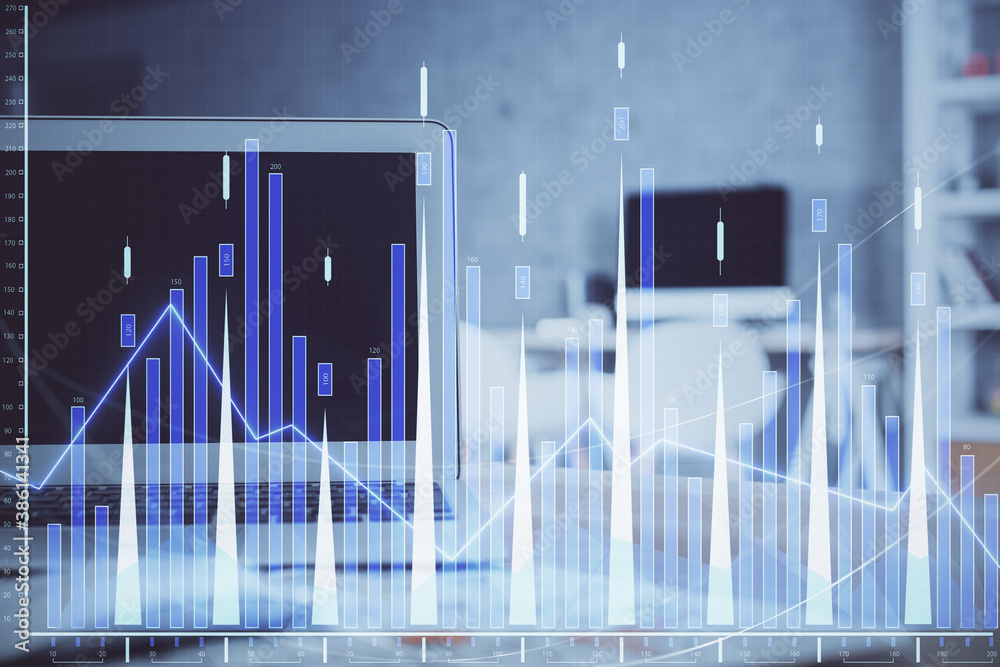 Stock market graph on background with desk and personal computer. Multi exposure. Concept of financial analysis. Stock market graph on background with desk and personal computer. Multi exposure. Concept of financial analysis.