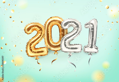 2021 golden decoration holiday on mint background. Shiny party background. Gold foil balloons numeral 2021 and confetti. Happy new year 2021 holiday. Realistic 3d vector illustration