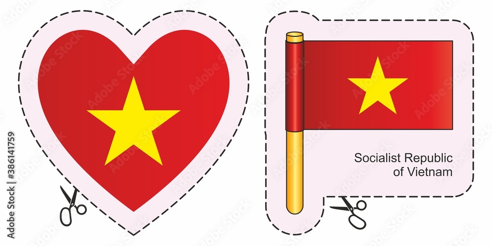 Flag of Vietnam. Vector cut sign here, isolated on white. Can be used for design, stickers, souvenirs. Flag of Vietnam. Vector cut sign here, isolated on white. Can be used for design, stickers, souvenirs.