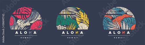 Aloha Hawaii. Set of three colorful tropical vector t-shirt designs, posters, prints, labels