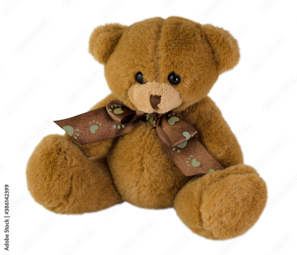 Obraz premium Teddy bear isolated on white background. Soft toy for gift, greeting card, packaging or mock up.