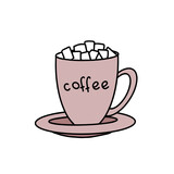 A Cup of coffee with marshmallows. An invigorating drink.Vector illustration on a white isolated background. Doodle style.