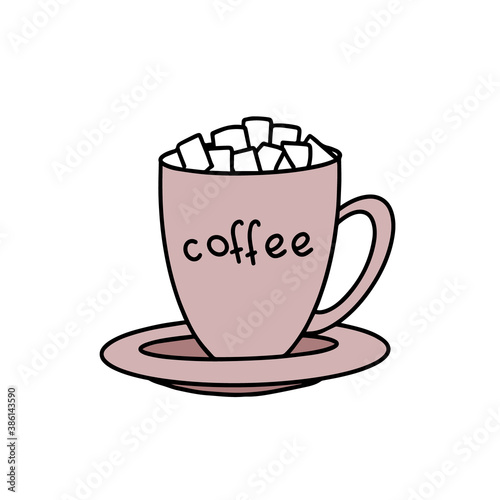 A Cup of coffee with marshmallows. An invigorating drink.Vector illustration on a white isolated background. Doodle style.