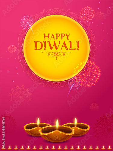 illustration of burning diya on Happy Diwali Holiday background for light festival of India