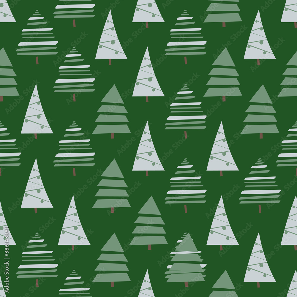 Stylized scandinavian seamless pattern with christmas trees on green background. Christmas trees digital paper for winter designs, winter invitations and wrapping gifts.