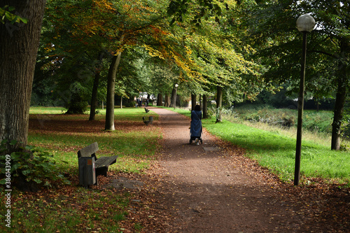 sunday relax walking woman with baby car in a park covered with autumn leaves in Nienburg Germany