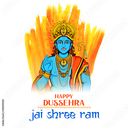 illustration of Lord Rama in Navratri festival of India poster with text in Hindi wishing Happy Dussehra photo