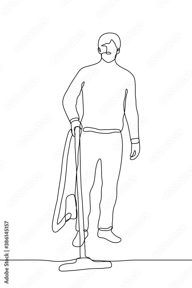 man in full growth stands holding the handle of a vacuum cleaner. one line drawing of a man cleaning with a vacuum cleaner