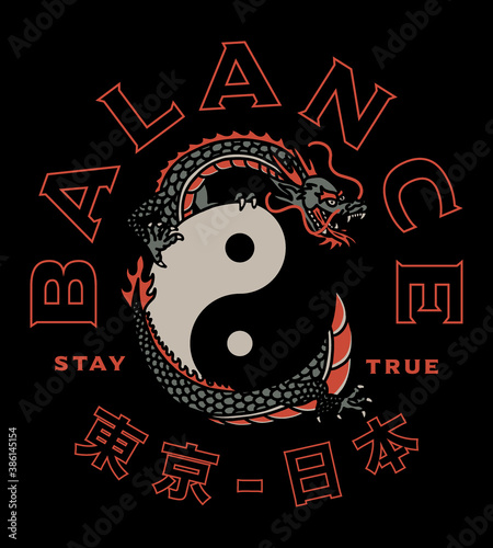 Asian Dragon with Yin Yang Symbol Illustration And Tokyo Japan Words in Japanese Artwork on Black Background for Apparel and Other Uses