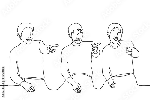 three men are sitting and smiling pointing their fingers in one direction. one line drawing concept of condemnation, ridicule, approval, bullying crowd