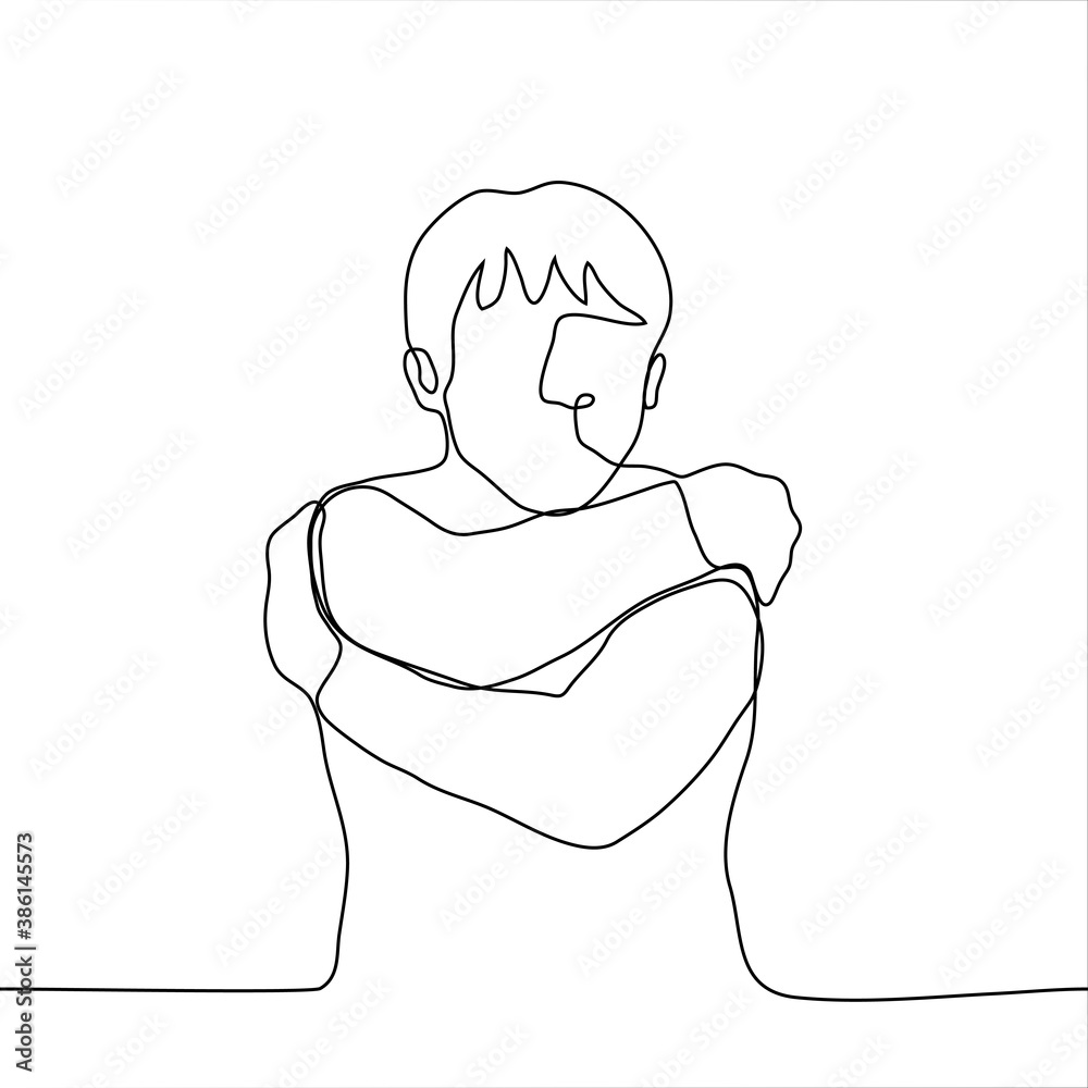 man hugs himself. one line drawing concept of self-help, reflection, therapy, independence, loneliness, lack of warmth, desire for closeness, crave hug, hug, self-hug, support, self-support man hugs himself. one line drawing concept of self-help, reflection, therapy, independence, loneliness, lack of warmth, desire for closeness, crave hug, hug, self-hug, support, self-support