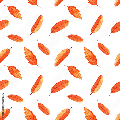 Watercolor autumn leaves seamless pattern. Fall red orange background leaf for Halloween, Thanksgiving Day