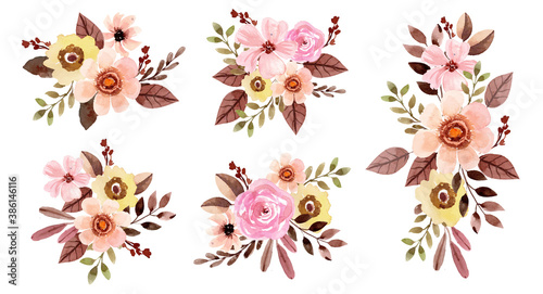 Watercolor Flower Bouquet with Pink Rose and Brown Leaves