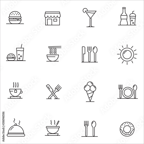 Food courts icons set. Outline set of food courts vector icons.