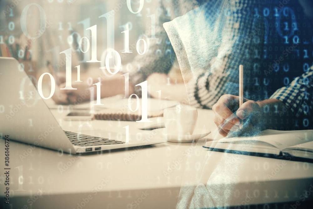 Businessman with computer background with technology theme hologram. Concept of hightech. Multi exposure. Businessman with computer background with technology theme hologram. Concept of hightech. Multi exposure.
