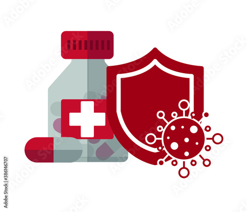 Medicine bottle and virus protection symbol. type concept for banner, poster, background, web, design element.
