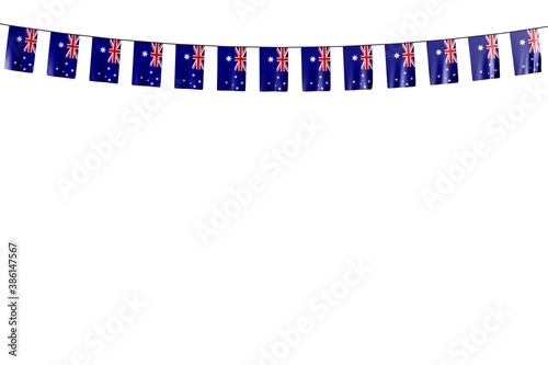 wonderful many Australia flags or banners hanging on string isolated on white - any holiday flag 3d illustration..