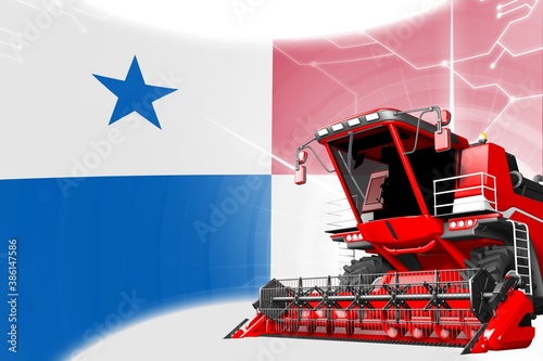 Digital industrial 3D illustration of red advanced rye combine harvester on Panama flag - agriculture equipment innovation concept