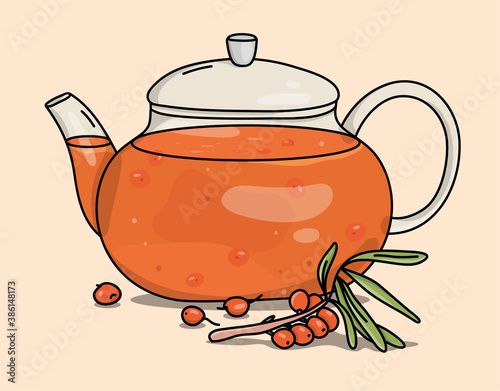 Glass teapot with berry tea. Hot berry drink with sea buckthorn. Colorful vector illustration on a beige background. Hand-drawn.