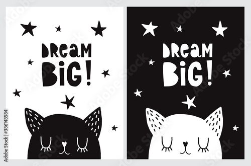 Dream Big. Simple Vector Illustration with Cute Dreamy Black Cat and Night Starry Sky. Lovely Nursery Art with Hand Drawn Kitty and Twinkle Stars Isolated on a White Background. Funny Infantile Style 