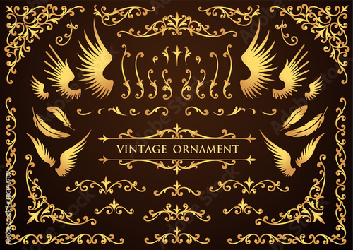 vintage ornament set. borders and frames. black background.