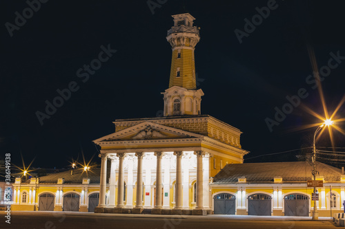 Fire tower at night. Landmark in Kostroma, Russia