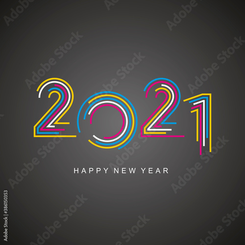 Happy New Year 2021 modern new trendy colorful white pop line design typography abstract numbers logo icon black background