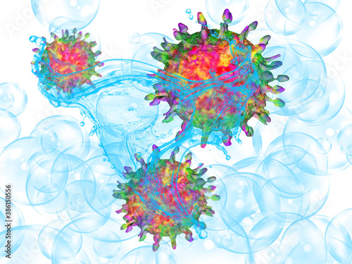 Concept of health care in epidemic time: washing up coronavirus with water and soap bubbles