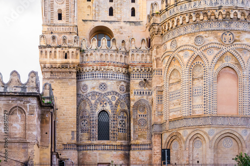 Arab and norman decorative patterns and details of the facade of the Palermo Cathedral, Sicily, Italy
