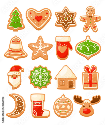 Gingerbread Cookies. Vector cartoon set of colorful Christmas gingerbread with glaze isolated on background. Christmas treats with Santa's house, snowflake, crescent, gingerbread man, bell, present