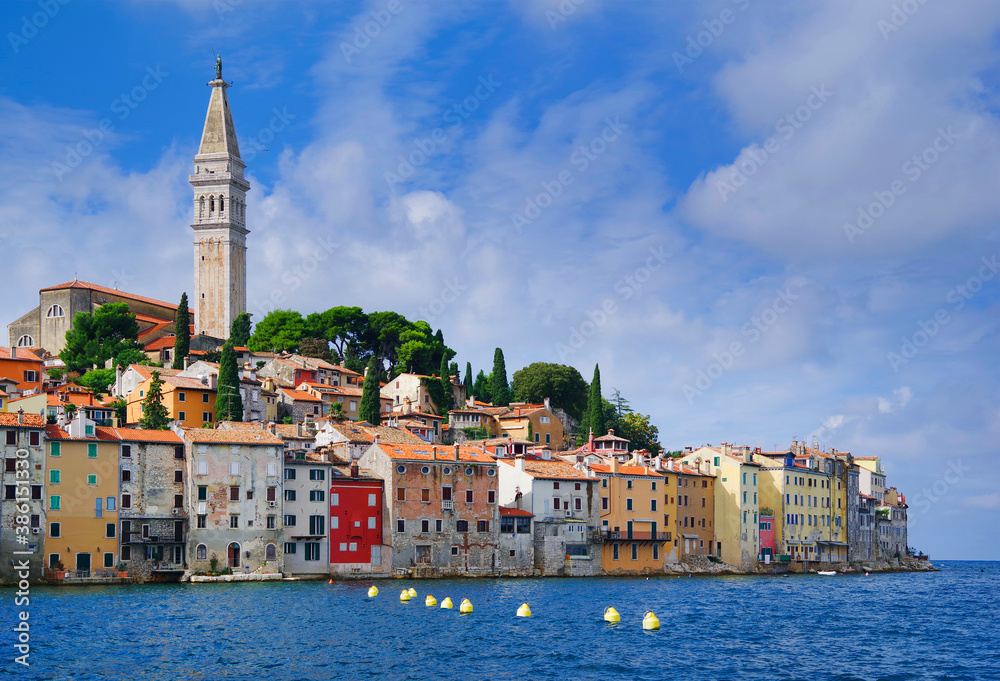 View of colorful old town and picturesque harbour of Rovinj, Istrian Peninsula, Croatia, Europe