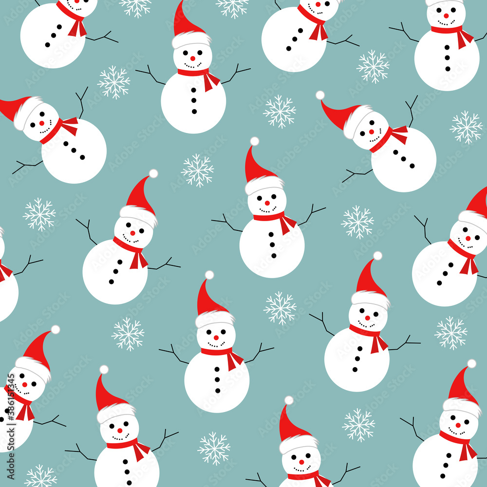 Seamless pattern with snowman. Design for wrapping, fabric, print. Vector illustration.