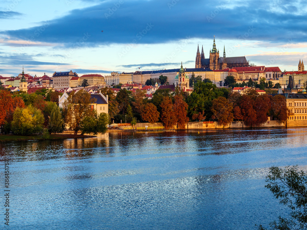 View on Prague Castle and Kampa Island in the morning light on an autumn morning