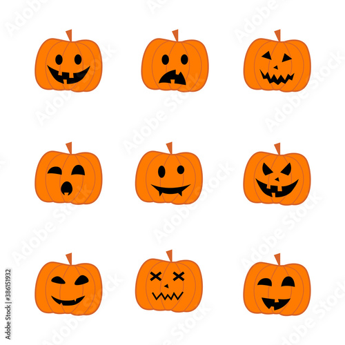 Cartoon halloween pumpkin. Orange pumpkins with carving scary smiling cute glowing faces. Decoration gourd vegetable or holiday spooky happy face, october nature vector isolated icon set