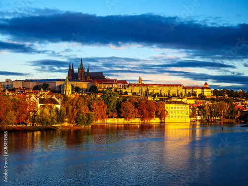 View on Prague Castle and Kampa Island in the morning light on an autumn morning