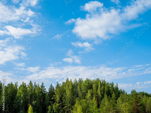 Green forest, blue sky with whisps of cloud. This is one of the many natural vistas in Finland. This one was shot at Tuusula / Vantaa.