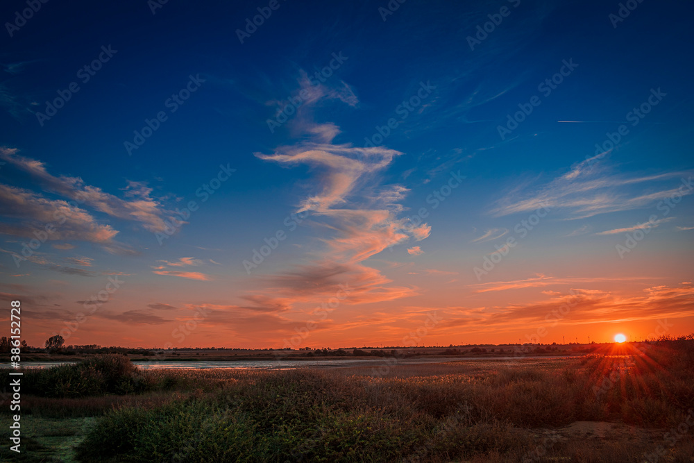 Epic sunset sky above The Lake of Shabla town, Bulgaria, shot in the second half of September 2020