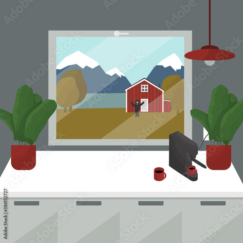 view from the kitchen window with pendant lamp, home plant, a coffee machine and cups of coffee to the mountains, river and the wooden house and man or woman in coat