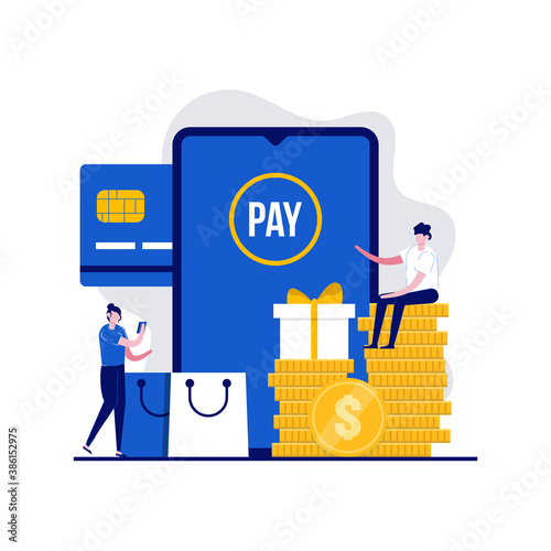 Cash back or money refund concept with character. People stand near smartphone, debit card, pile coins. Saving money. Modern flat style for landing page, mobile app, infographics, hero images