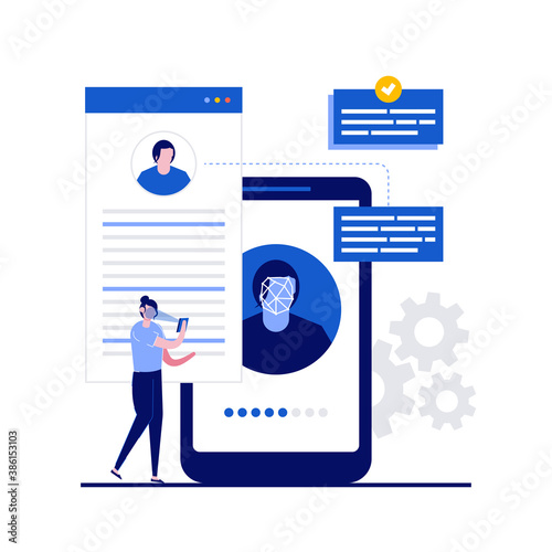 Face recognition technology concept with character. People stand near smartphone with biometric facial identification. Modern flat style for landing page, mobile app, infographics, hero images