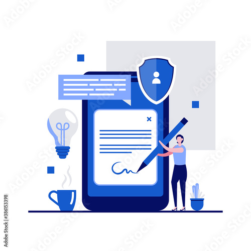 Digital contract signature concept with character. People signing signature on smartphone screen. Modern flat style for landing page, mobile app, poster, flyer, web banner, infographics, hero images