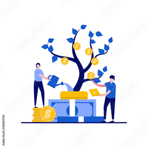 Idea of income, person on profit concepts with character. People watering a plant of money. Financial growth, bank deposit income, wealth. Modern flat style for landing page, mobile app, hero images