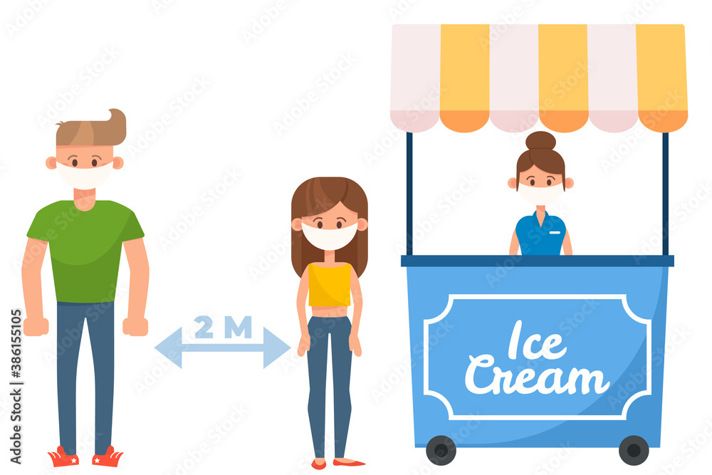 Fototapeta premium Keep distance in queue of people. Characters waiting, stay safe coronavirus disease. Epidemic protective equipment, group characters with face masks. Cartoon humar keep the 1 meter distance.