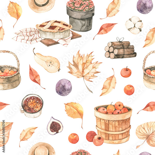 Watercolor seamless pattern - Autumn harvest. Fall leaves, apple, apple pie, fig, wood, cotton. Forest background. Perfect for seasonal advertisement, invitations, fabric, wrapping paper, textile