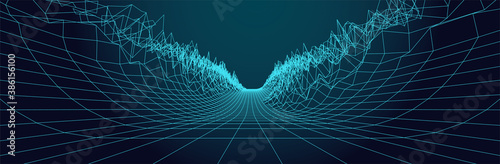 80s wireframe background. Virtual computer valley. Wide retro futuristic wallpaper. Dark backdrop. Thin cyan lines. Cyberspace landscape. Banner template. Technology poster. Stock vector illustration