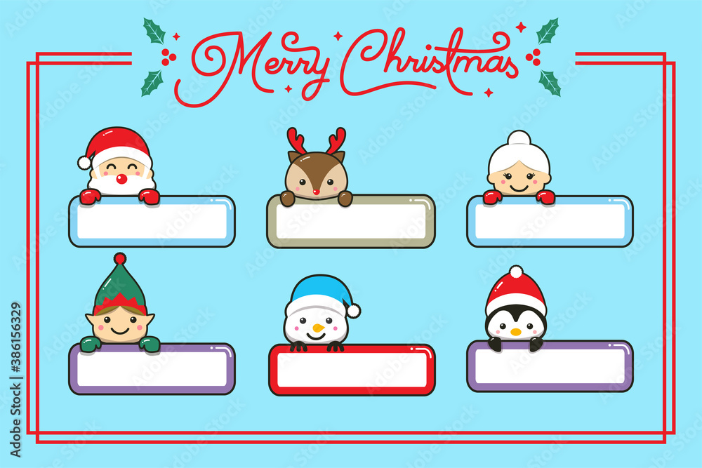 Fototapeta premium Cute cute christmas characters with label name cartoon hand drawn style