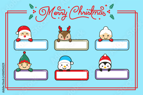 Cute cute christmas characters with label name cartoon hand drawn style